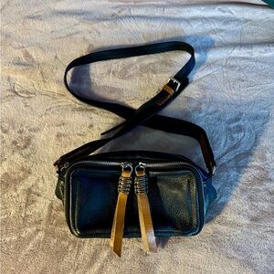 Black Leather Crossbody Bag with Tan Tassels